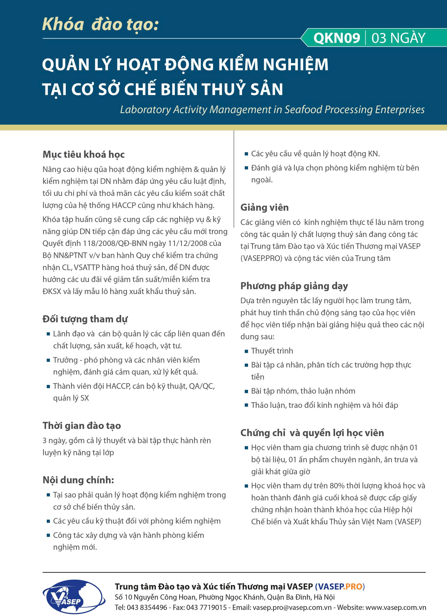 QUẢN LÝ HOẠT ĐỘNG KIỂM NGHIỆM TẠI CƠ SỞ CHẾ BIẾN THỦY SẢN