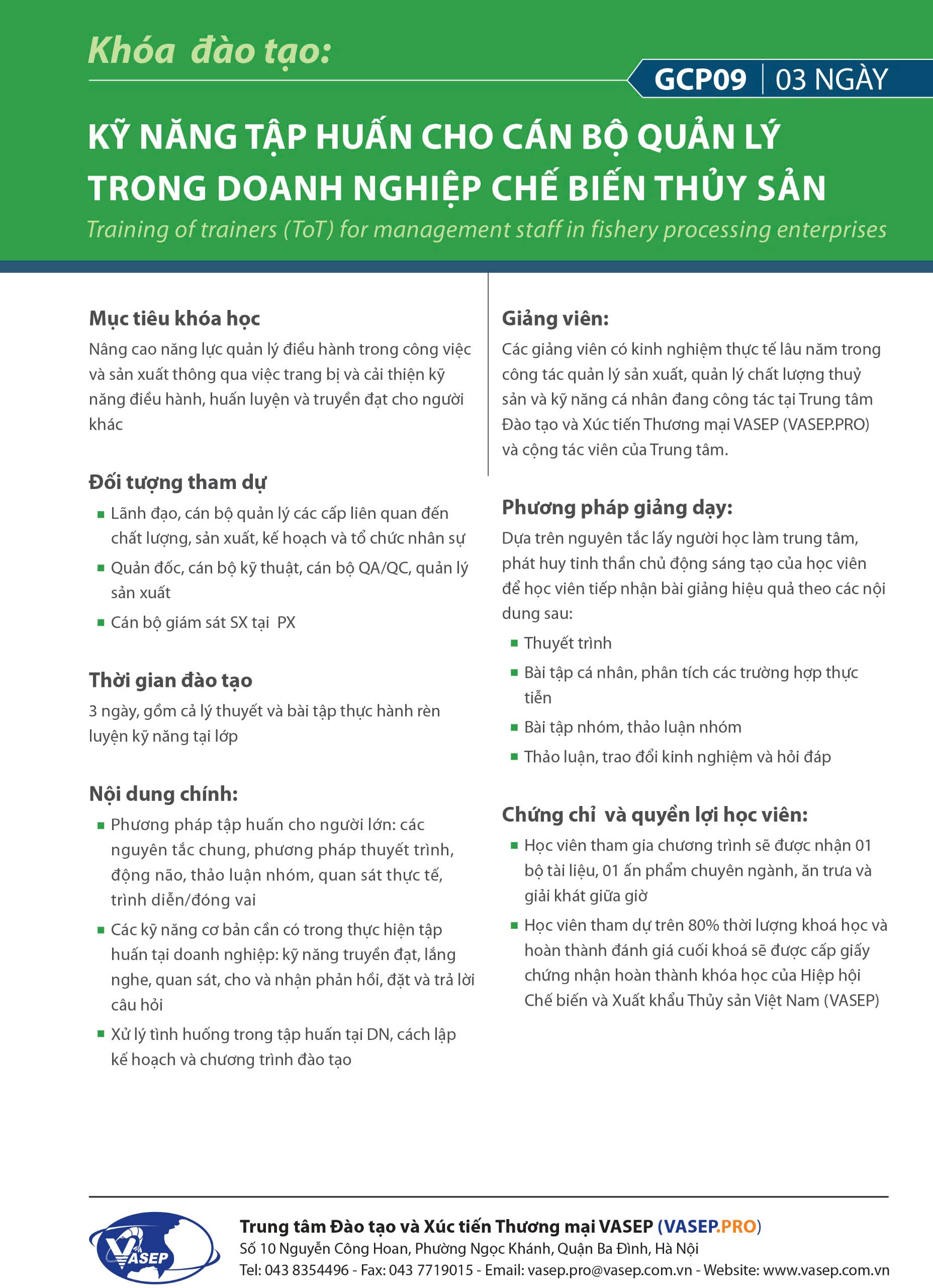 KỸ NĂNG TẬP HUẤN CHO CÁN BỘ QUẢN LÝ TRONG DOANH NGHIỆP CHẾ BIẾN THỦY SẢN