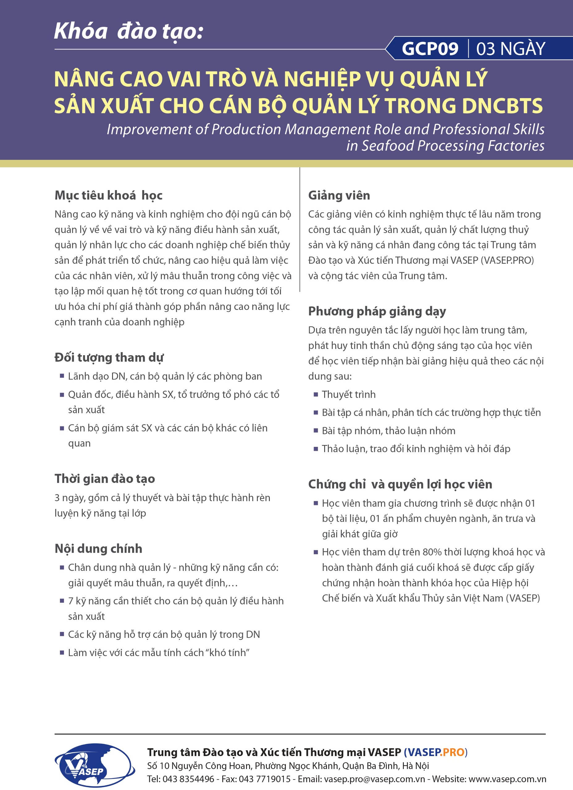 NÂNG CAO VAI TRÒ VÀ NGHIỆP VỤ QUẢN LÝ SẢN XUẤT CHO CÁN BỘ QUẢN LÝ TRONG DNCBTS