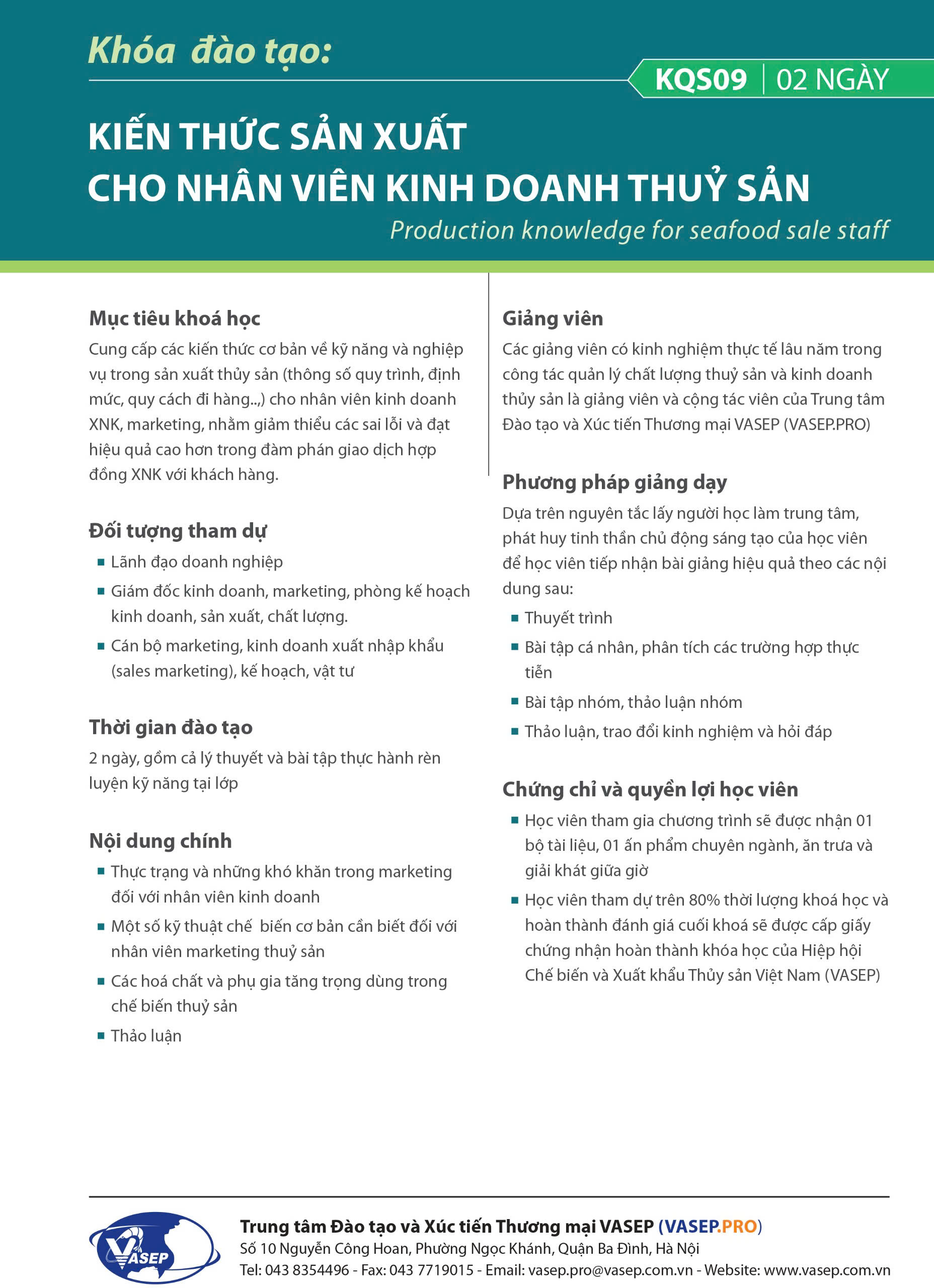 KIẾN THỨC SẢN XUẤT CHO NHÂN VIÊN KINH DOANH THỦY SẢN