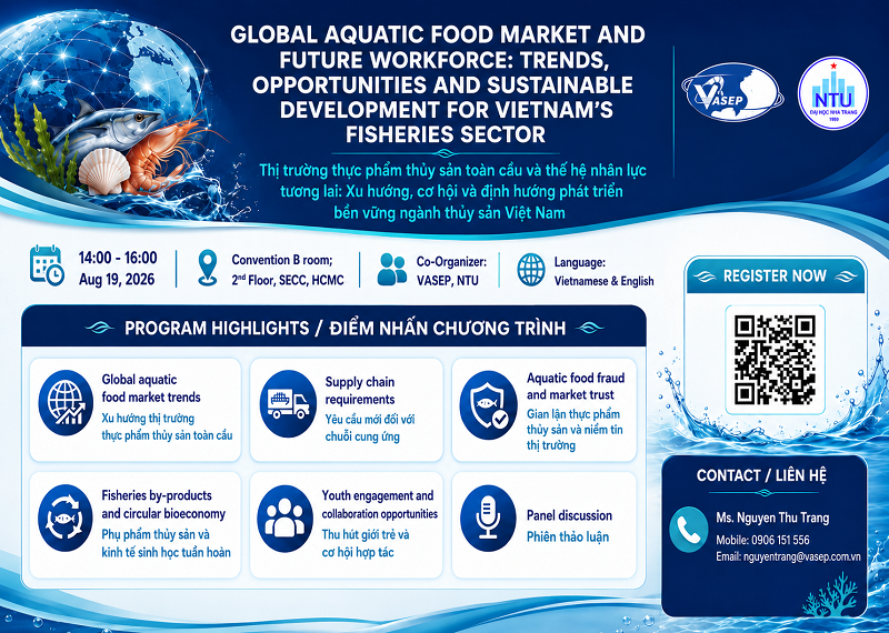 Chương trình hội thảo Thị trường thực phẩm thủy sản toàn cầu và thế hệ nhân lực tương lai Xu hướng, cơ hội và định hướng phát triển bền vững ngành thủy sản Việt Nam